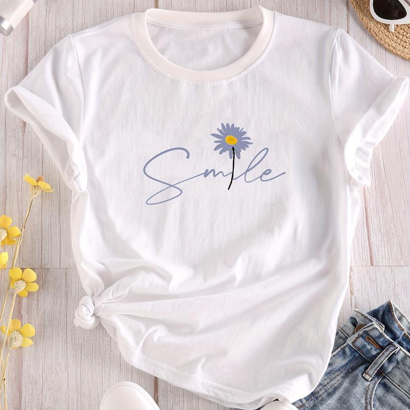 Blumen- & Buchstaben-Print Rundhals-T-Shirt Lässiges Kurzarm-T-Shirt für Sommer Damenbekleidung Bequeme Weiche Kreative Oberteile