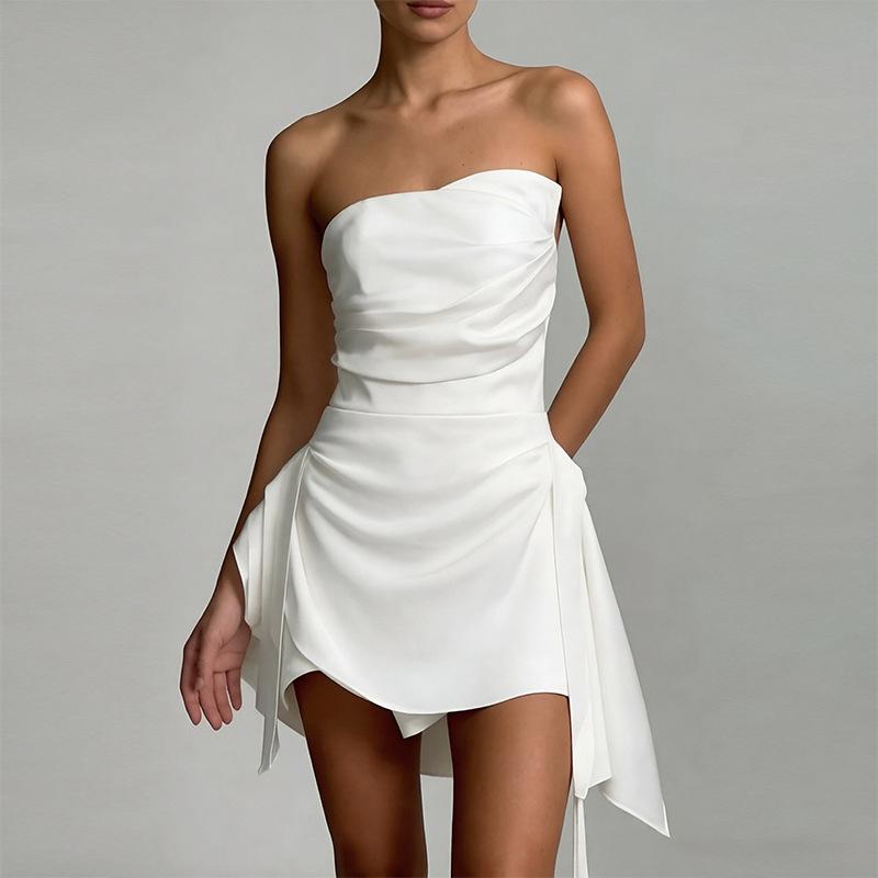 Summer New European and American Women's Clothing, Sexy Temperament Backless Tube Top Pleated Solid Color Short Dress Dress