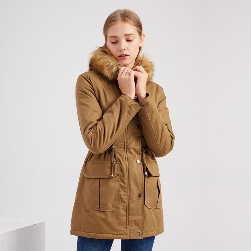 Giacca calda chic da donna in pile invernale con cappuccio e collo in pelliccia tinta unita a maniche lunghe con coulisse S-3XL