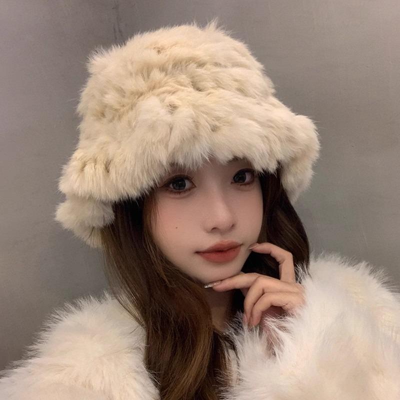 Women S Winter Warm Fluffy Rabbit Fur Blend Knit Bucket Hat