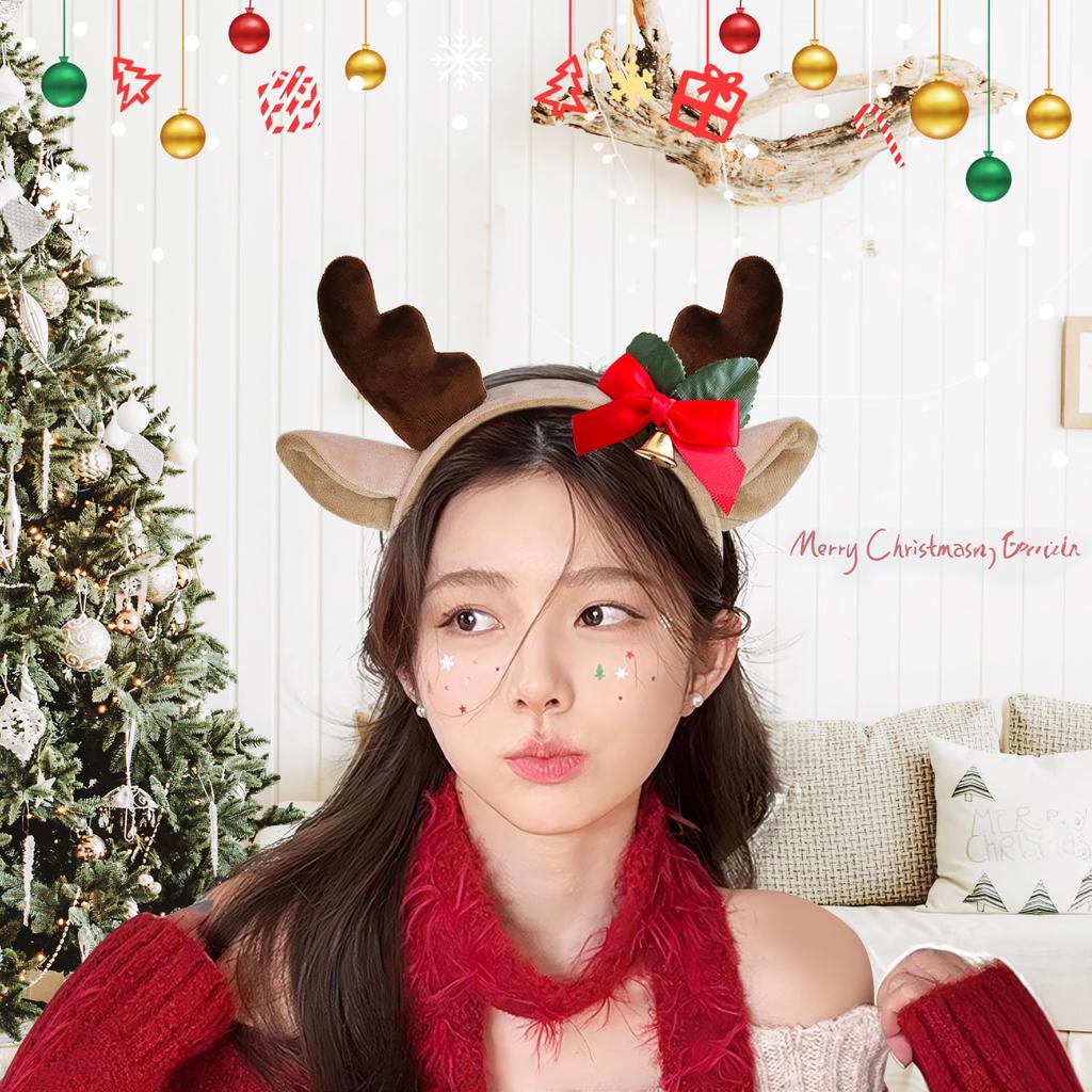 [Sucodver] Reindeer Headband with Deer Antlers and Ears, 3D Large Headband with Golden Bells, Perfect for Christmas Cosplay or Costumes, Cute