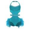 Girls Latin Dance Costume Halter Sleeveless Design Cutout Sparkly Rhinestones Bodice Feather Skirted Leotard