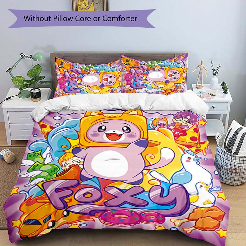 3pcs Lankybox Foxy and Rocky Pattern Bedding Set Duvet Cover Set Includes Duvet Cover &pillowcases, Perfect All Season Bedroom Decoration & Gift