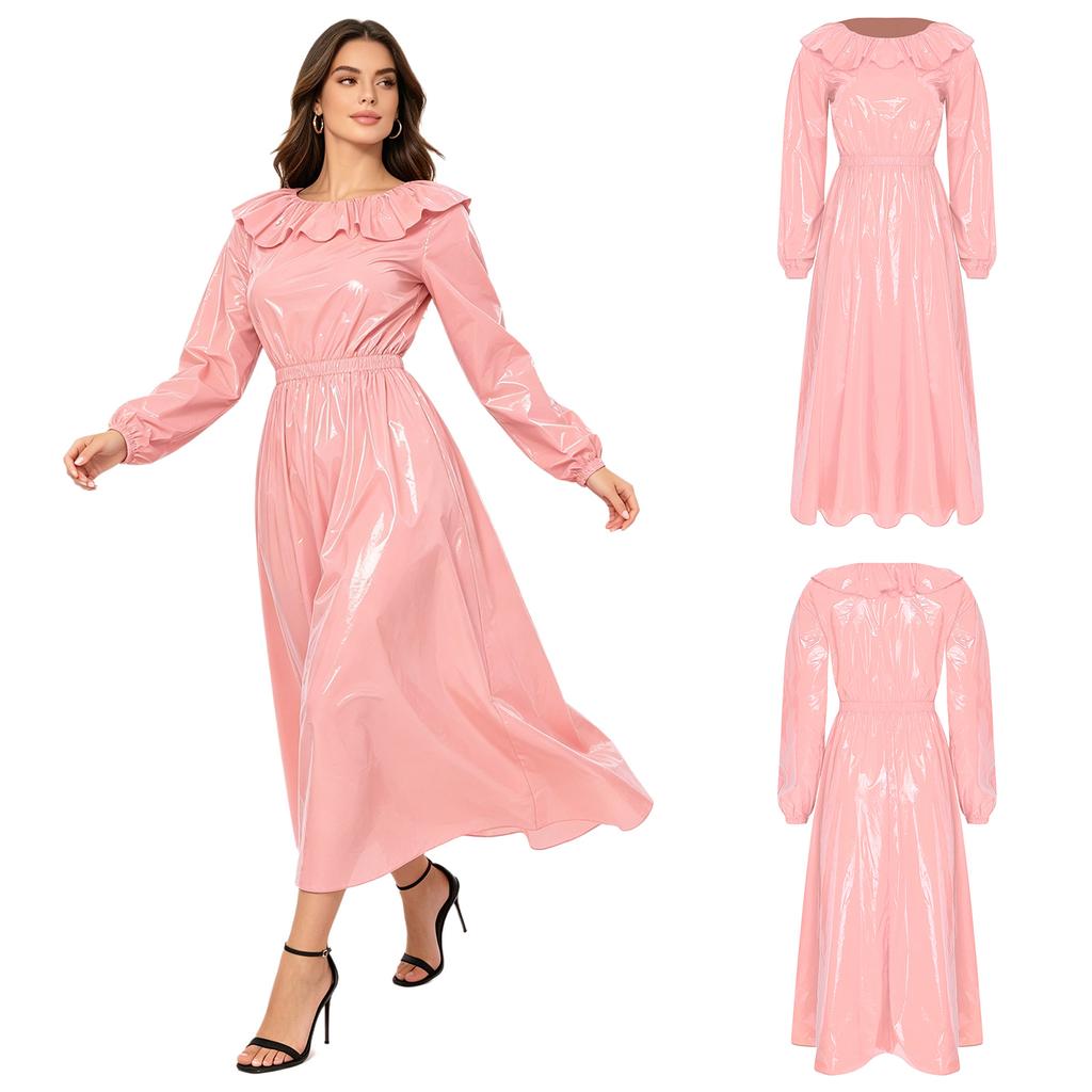 Vestito Donna Impermeabile Lucido in Vinile Girocollo Manica Lunga Arricciata Cintura in Vita Svasato Midi per Festa Rave Club Notte Abbigliamento da Spiaggia