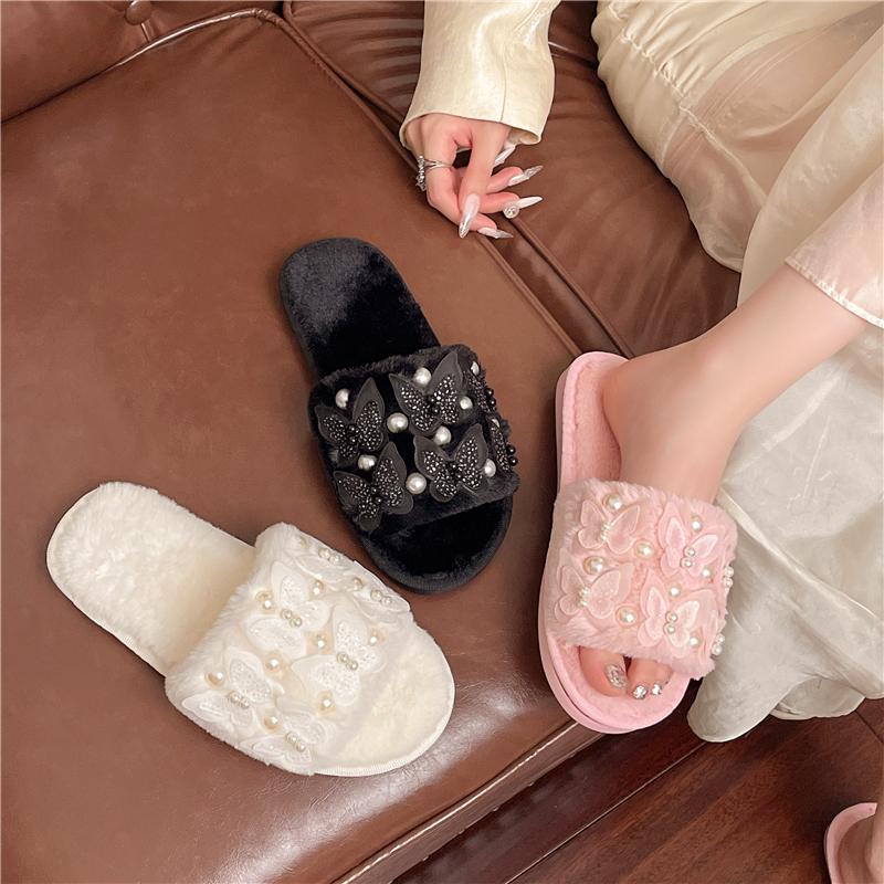 Modne Kapcie Damskie Codzienne Płaskie Niskie Obcasy Krótkie Pluszowe Futro Damskie Buty Wsuwane Sznurowane Koralik Perła Zimowe Buty Duży Rozmiar