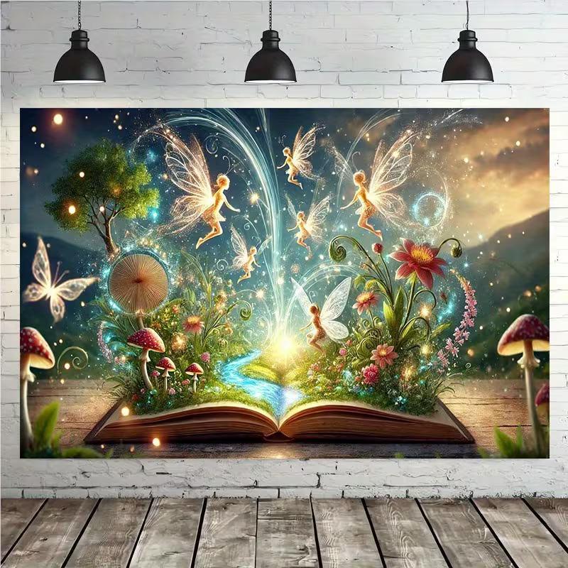 

2D Enchanted Storybook Backdrop with Fairies & Butterflies Party Photo Booth Background 47.2x31.5inch/120*80cm
