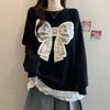 Plus Size Crocheted Lace Round Neck Slimming Long Sleeve Women's Autumn/Winter Bow Loose Mid-Length Top