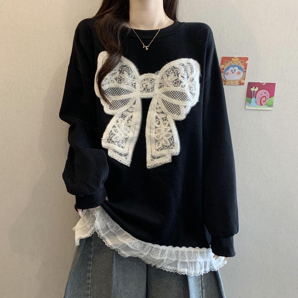 Plus Size Crocheted Lace Round Neck Slimming Long Sleeve Women's Autumn/Winter Bow Loose Mid-Length Top