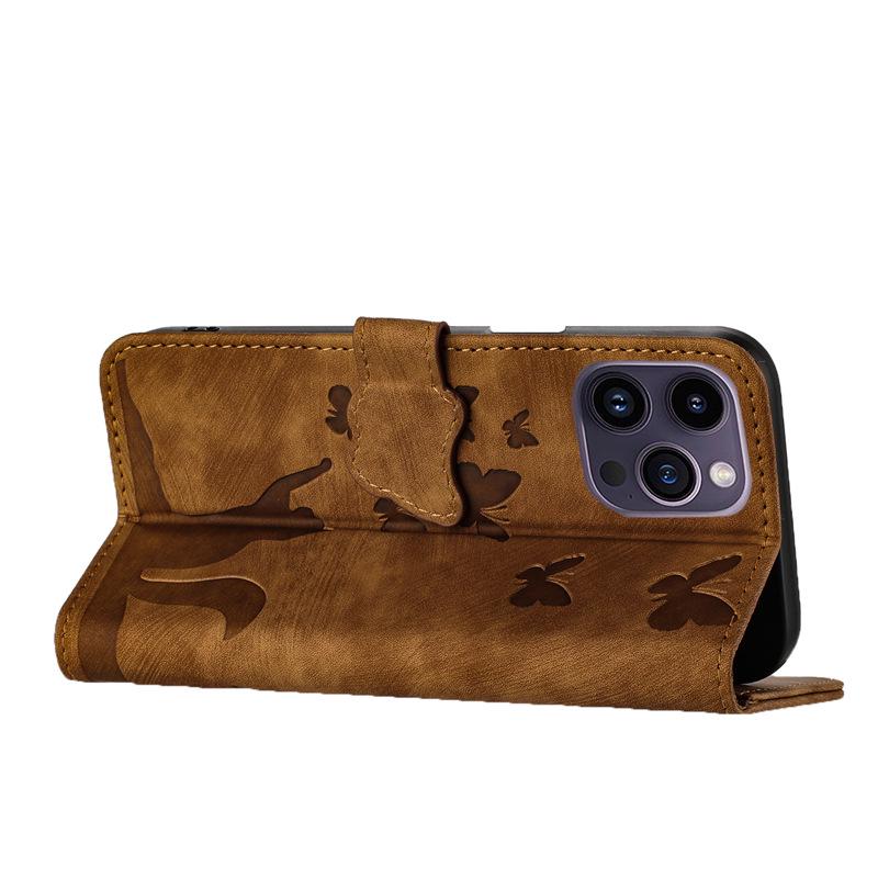 Butterfly Cat Embossed Leather Flip Case for Apple iPhone Pro Max SE3 - Card Holder for Women