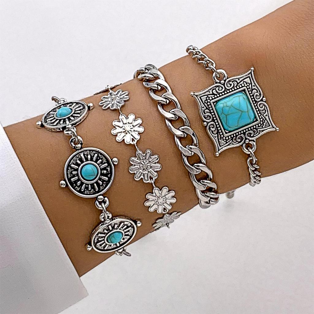 5 Stück/Set Vintage Böhmische Türkis Eingelegte Armbänder Frauen Ethnischer Stil Blume Feder Manschettenarmband Armreifen Boho Schmuck