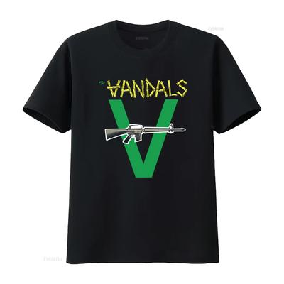 Mens The Vandals Original Logo Green V and Gun Print T Shirt Medium Black Vintage Washed Streetwear Designer Clothes
