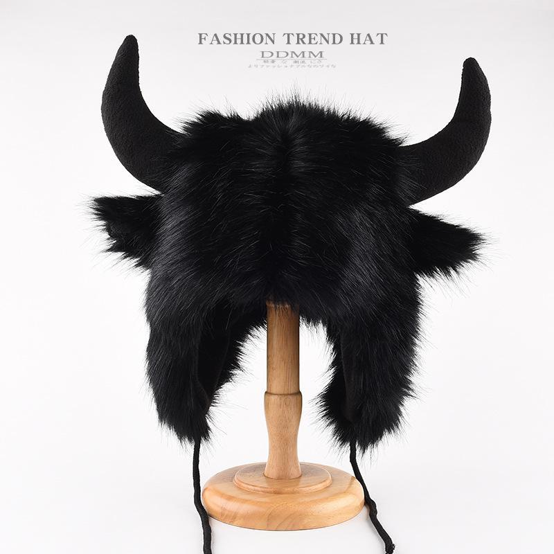 Sombrero Unisex de Búfalo Bisonte Peludo con Cuernos Grueso Cortavientos Cálido Divertido para Regalos de Vacaciones Invierno Uso Diario