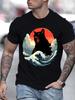 Men O Neck Tee Cat Monster Ocean Wave Sunset Art Print Cotton Short Sleeve Loose Summer Daily C