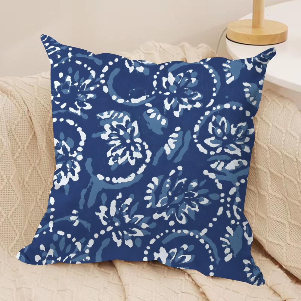 Ethnic Style Blue Floral Cushion Cover Soft Plush Fabric Double-Sided Printed Sofa Cushion Cover for All Seasons Home Decor Gift