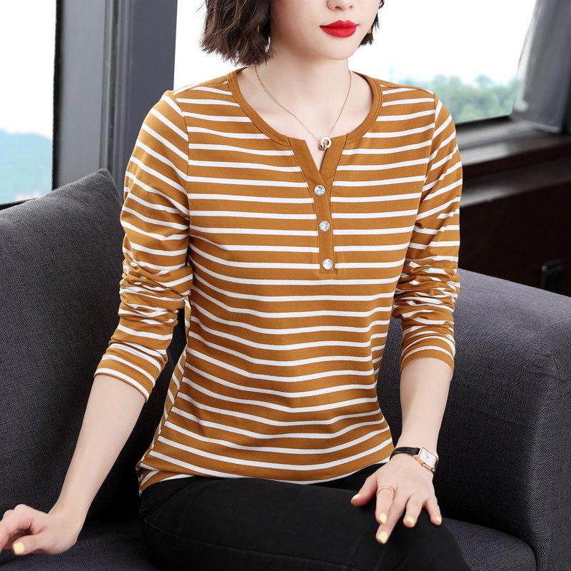 Long Sleeve Striped V Neck T Shirt Women Fitted Plus Size Casual Top