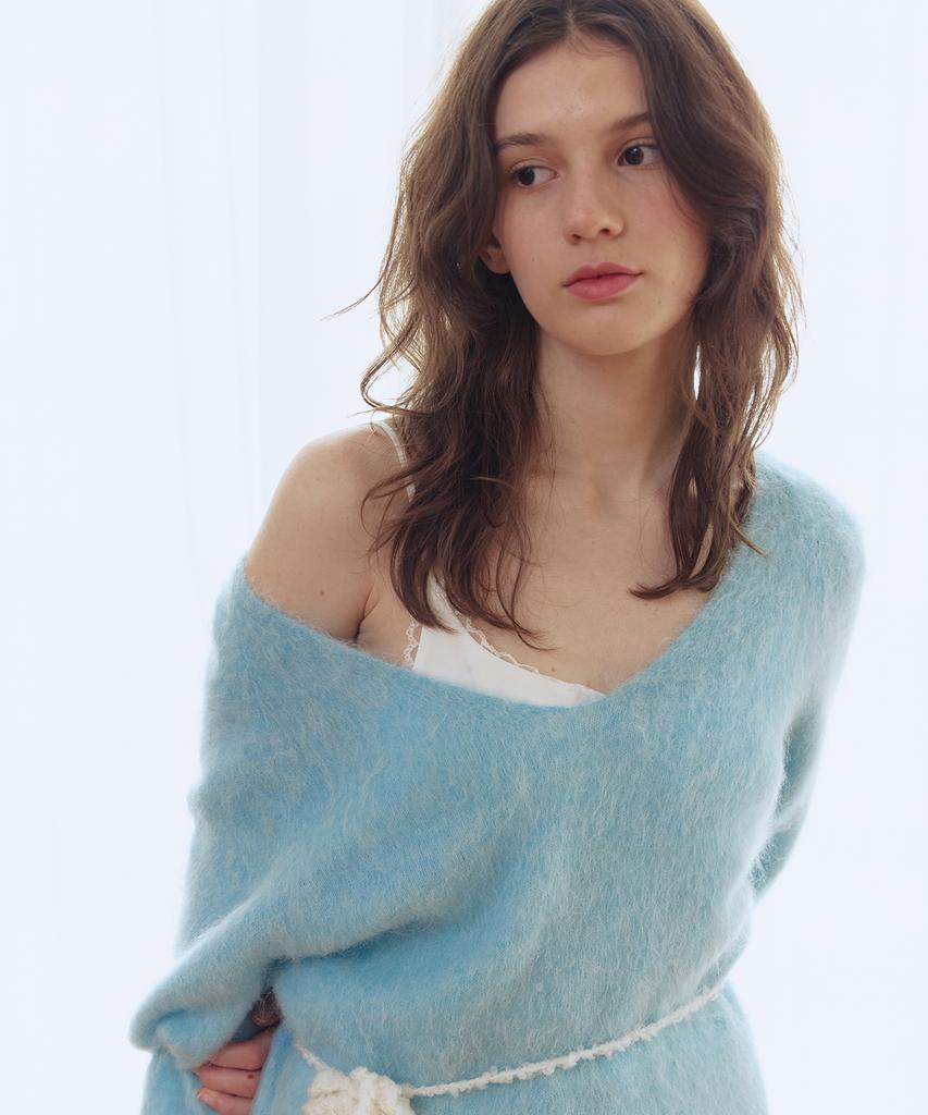 AFTERHOURS Deep V-Neck Alpaca Wool Knit Top (Sky Blue)