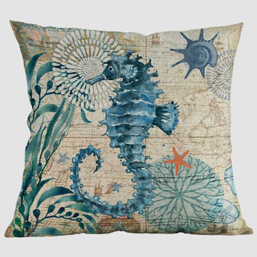 Blue Ocean Whale Turtles Sofa Decorative Pillow Case Water Color Octopus Little Fish Cotton Linen Chair Cushion Cover Cojines