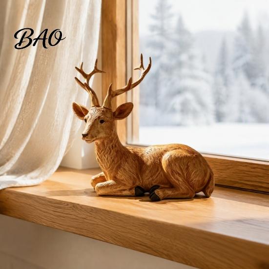 Decorative Deer Statues Reindeer Resin Figurine, Faux Wood Grain Christmas Statue, Vintage Style Decor Tabletop Ornament for Home Window Display