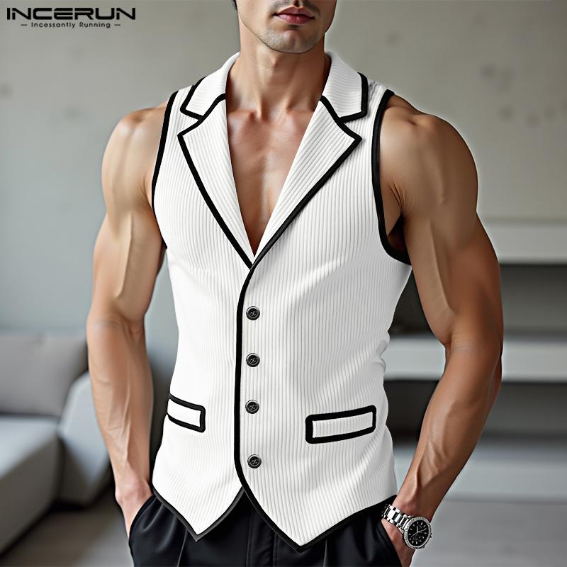 INCERUN Men Lapel Sleeveless Stitching Slim Waist Buttons Up Rib Vest Waistcoat