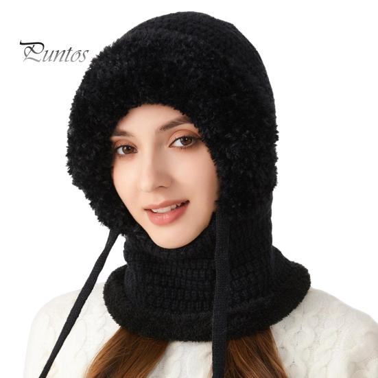 Women Winter Hat with Integrated Scarf Cold-proof Front Cover Thick Knitted Warm Solid Color Full Protection Outdoor Cycling Travel Cold Weather Cap