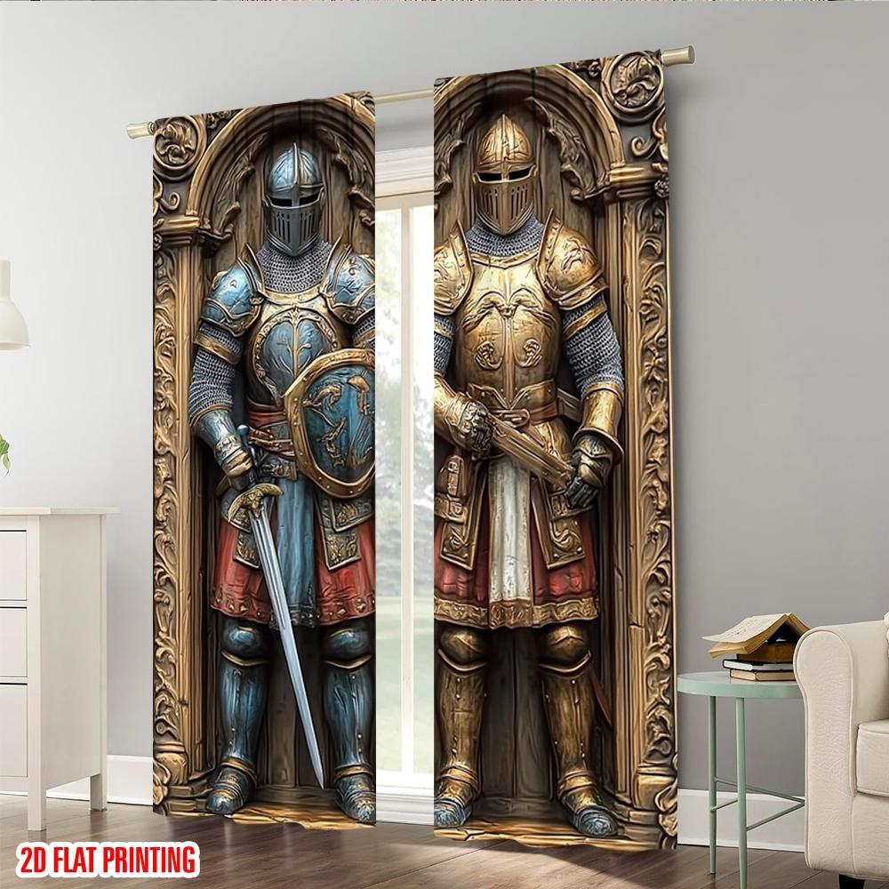 Set Of 2 Flat Printing Scene Curtains Medieval Knight Armor Print Polyester Without Electricity Party Decorations Perfect Curtain