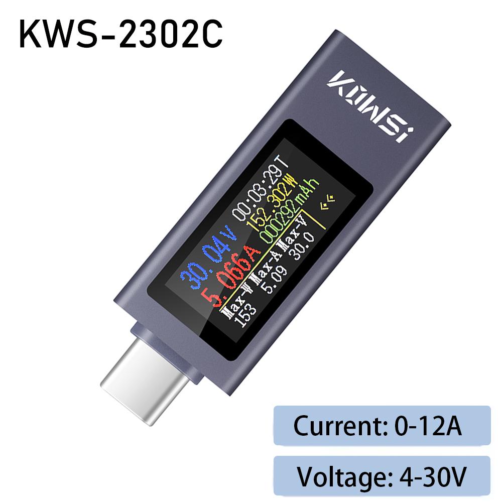 KWS Type-C Tester Digital Voltmeter Ammeter Power Meter Voltage Current Meter Phone Charging Tester DC 4-30V 8/12A PD2.0 3.0