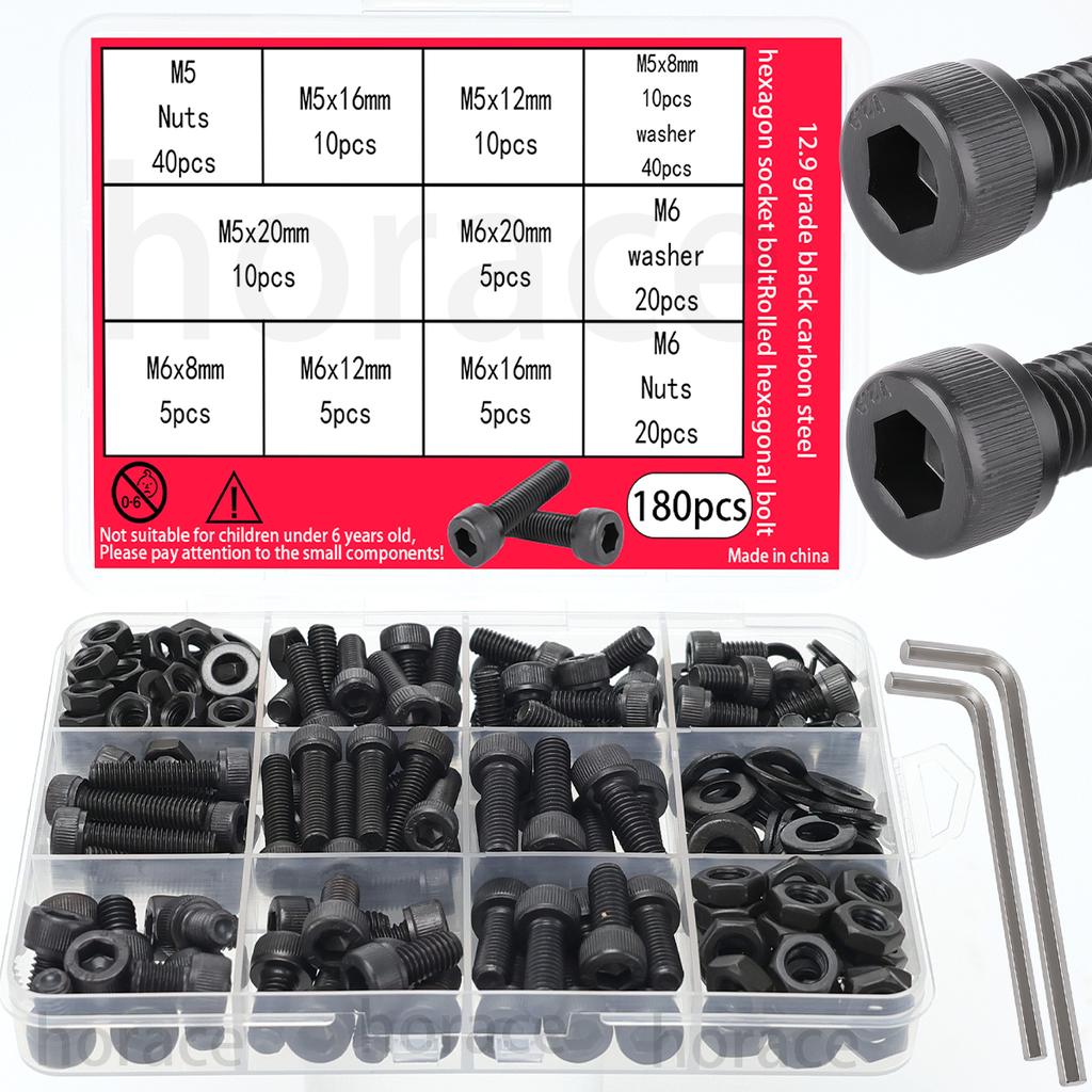 180 M5/M6 Black Carbon Steel Socket Head Cap Screws, Nuts, and Washers; Grade 12.9 Cup Head Bolts. Round Head Bolts.