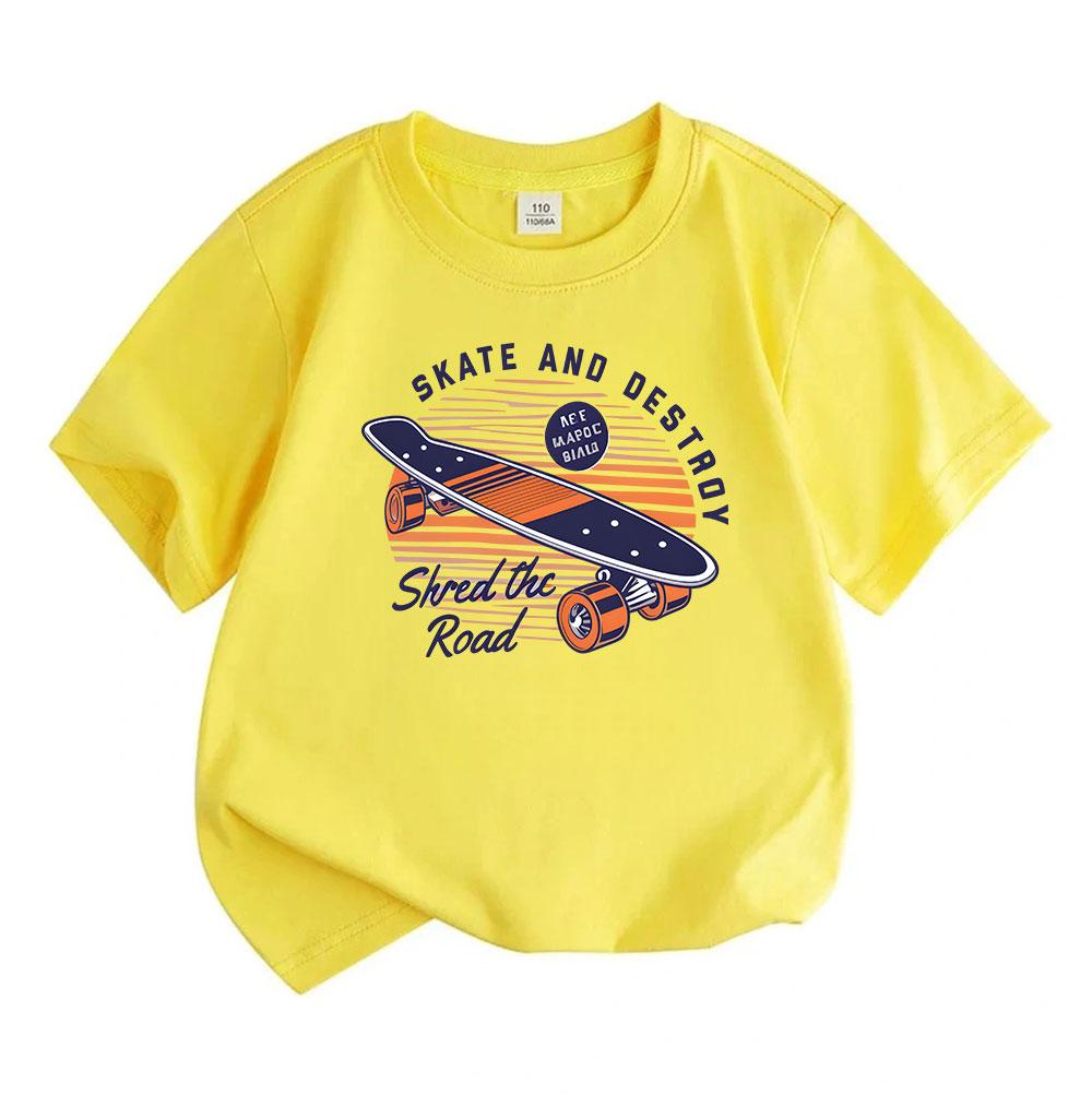 Kids Boys Girls 100% Cotton Crew Neck Short Sleeve T-Shirt, Retro Skateboard Skate And Destroy Shred The Road Print Casual Tee For Children Daily Wear