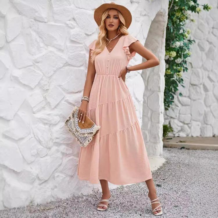 Vestido Feminino de Verão Casual Decote V Slim Cor Sólida Linha A Cintura Alta Camadas Vestidos Longos Primavera Manga Curta Folha de Lótus S-XL