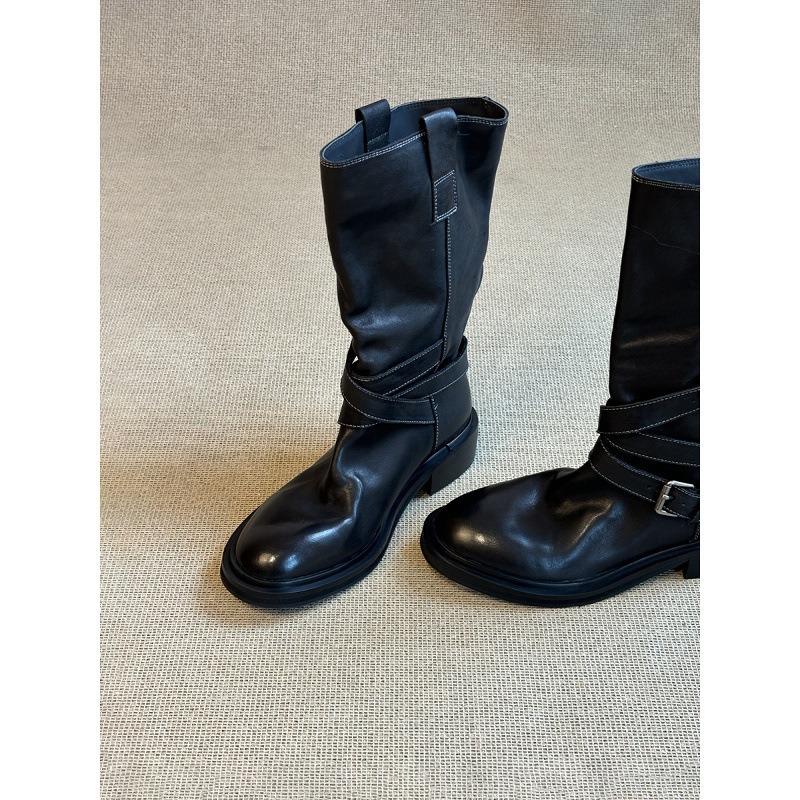 Cowhide Version~ Retro Belt Buckle Mid Boots Western Cowboy Boots Slim Thick-soled Fried Street Boots Female Knight Boots