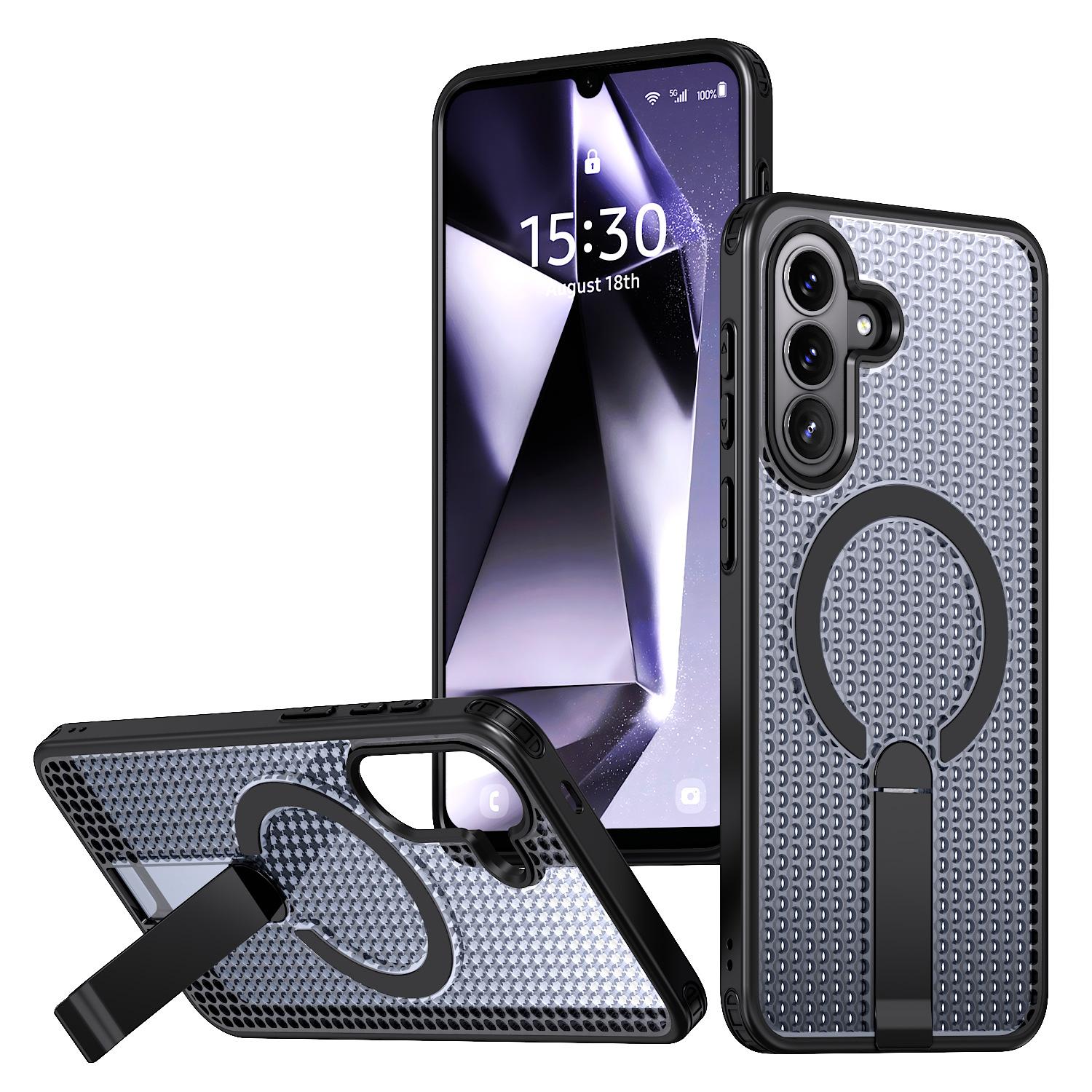 Cross-border application Samsung A37 honeycomb mesh cooling mobile phone case A57 with bracket Car magnetic suction A27 protective case A57 5G чёрный