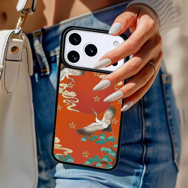 Japanese Style Crane Cherry Phone Case For iPhone 17 Air 14 15 13 12 Max Cover For Apple 14 15 16 16e 11 Pro Max Plus