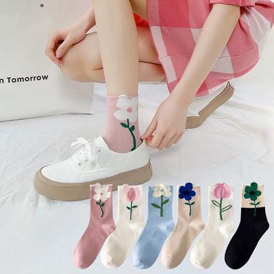 6 Pairs of Women's Sentimental Flower Single-flower Mid-calf Socks