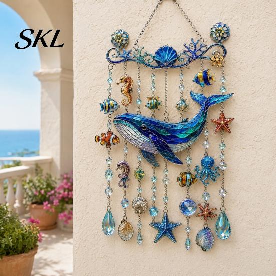 Kristallperlen Hängender Schmuck Meeresbewohner Acryl Fensteraufhänger, Buntglas-Stil Meeresschildkröte Wal Delfin Suncatcher Wasserdicht Windspiel mit