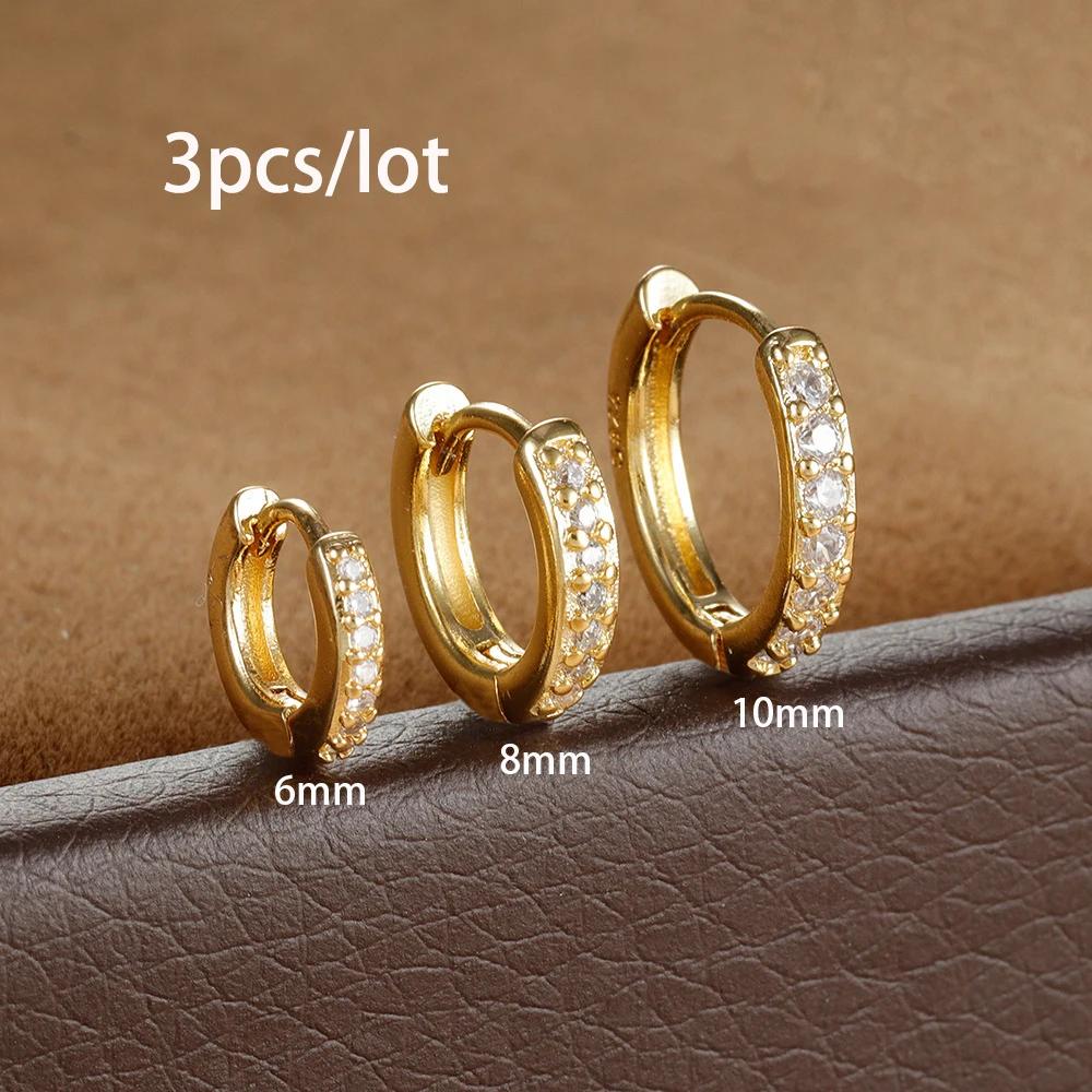 

Набор из 3 пар круглых сережек-хупи из нержавеющей стали с цирконами, 6/8/10 мм, для женщин, крошечные, унисекс, рок-серьги, пирсинг, украшения