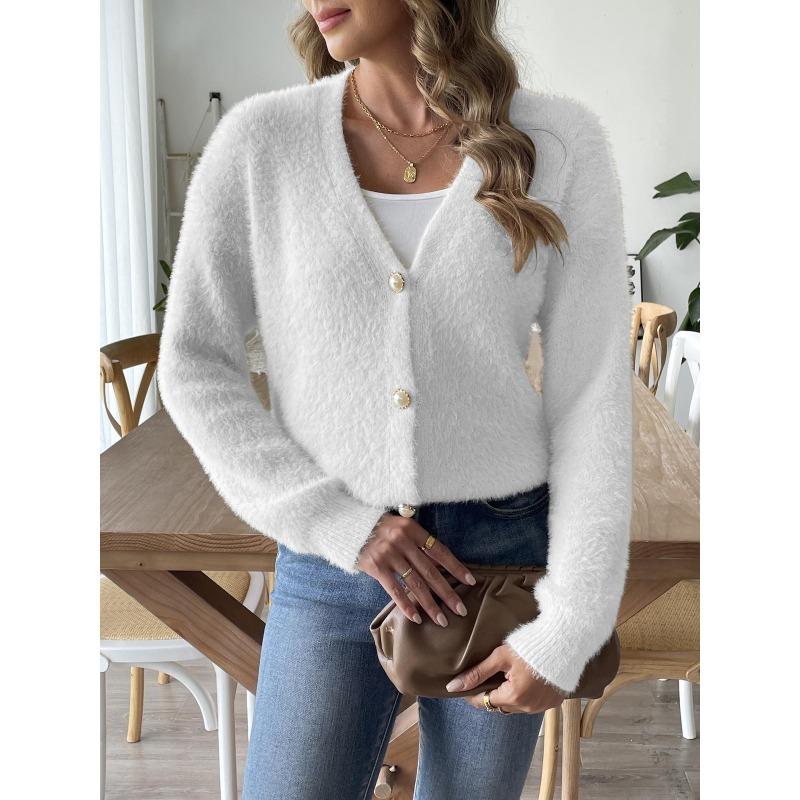 Women S Faux Fur V Neck Long Sleeve Single Button Short Cardigan Coat
