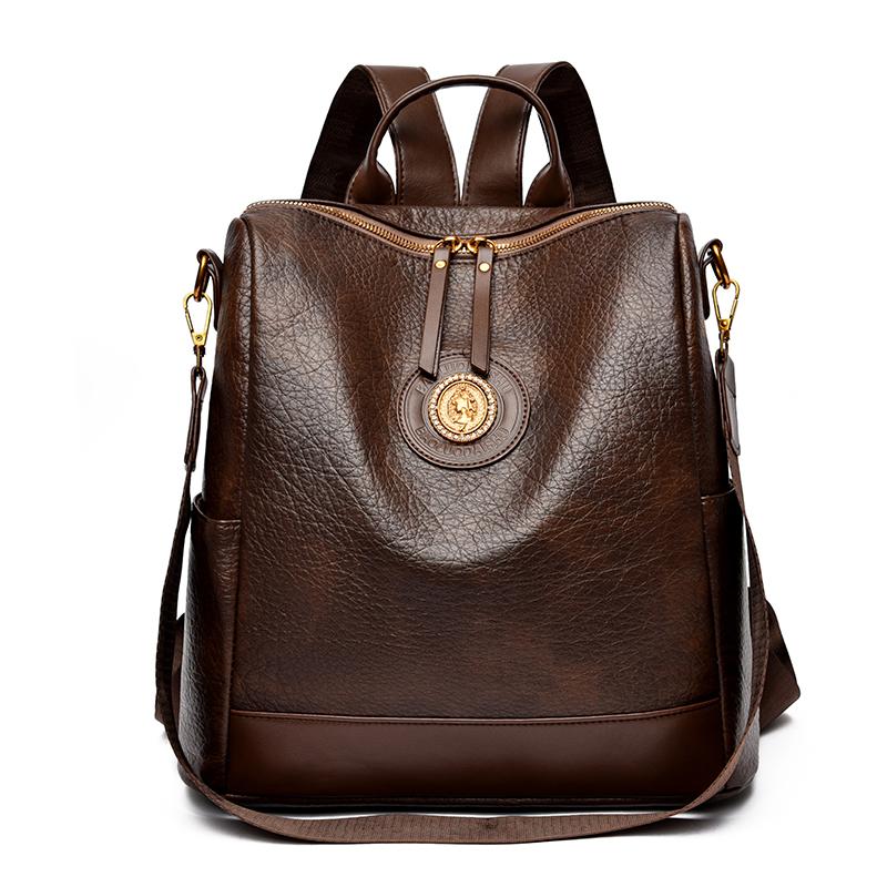 Women PU Leather Backpack Multifunctional Vintage Badge Shoulder Bag Large Capacity Anti‑theft Travel Crossbody Bag Casual Ladies Handbag For Daily