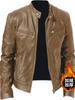 Men's Genuine Leather Jacket with Zipper Details, Stand Collar, Multiple Pockets, Slim Fit, Black and Brown