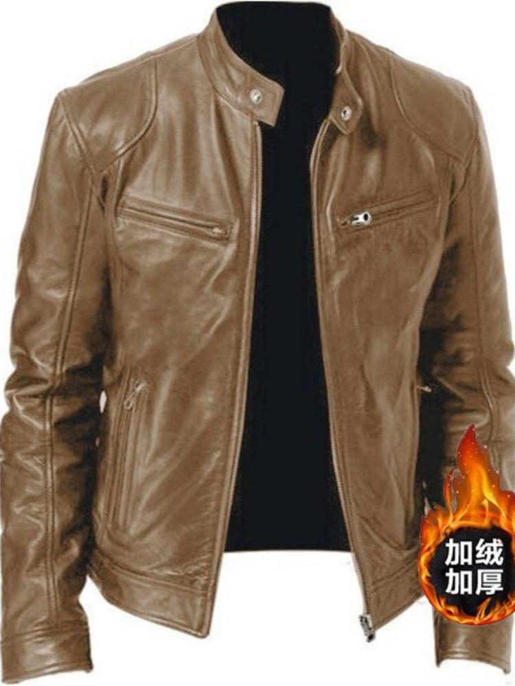 Men's Genuine Leather Jacket with Zipper Details, Stand Collar, Multiple Pockets, Slim Fit, Black and Brown