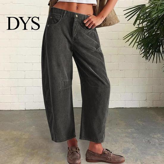 Pantaloni a coste a vita media a gamba larga da donna Vita elasticizzata Chiusura con bottone e zip Gamba larga Pantaloni casual con tasche Colore unito Pantaloni a barile