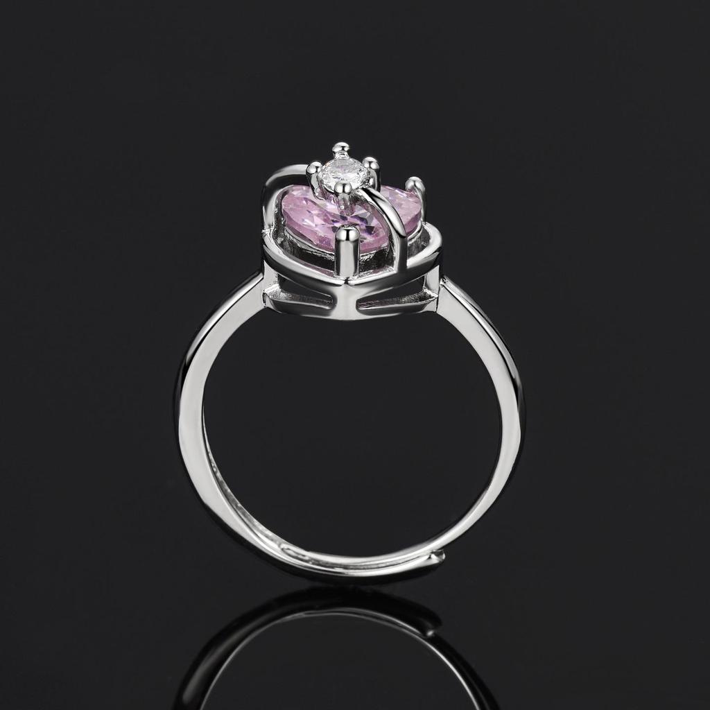 Platinum-Plated S925 Sterling Silver Heart Ring with Pink Diamond, Adjustable Women's Valentine's Day Gift.