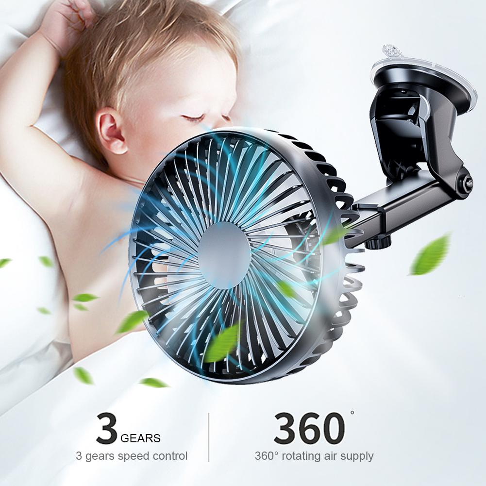 12V/24V Windshield Desk Fan USB Suction Cup Auto Cooler 360 Degree Adjustable Car Dashboard Fan 3 Speeds Mini Car Fan