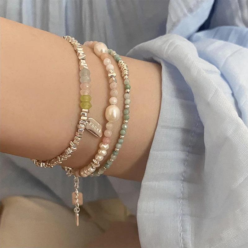 Minar 2024 Summer Colorful Crystal Irregular Pearl Beaded Bracelet for Women Silver Color Beads Coin Elastic Charm Bracelets