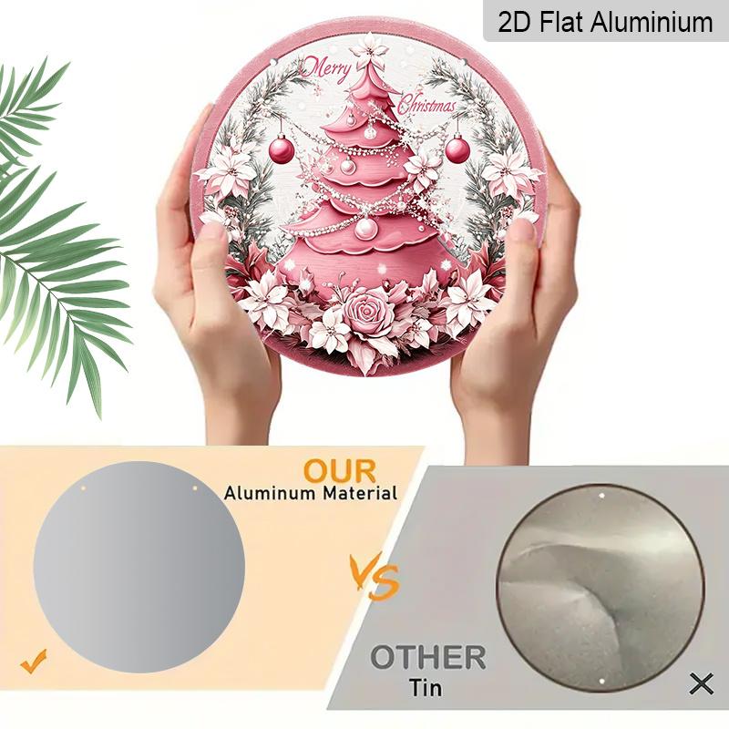 2D Flat, 1pc Merry Christmas Pink Tree Aluminum Sign - Soft Pink Christmas Tree with Golden Accents, Merry Christmas Farmhouse Front Door Wreath