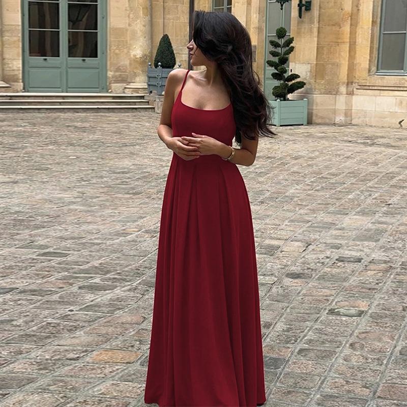 Women Solid Color Pleated High Waist Strappy Long Evening Party Dress