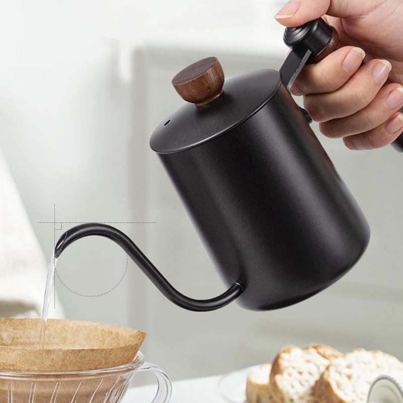 Bouilloire à Café en Acier Inoxydable 304 avec Bec Long Col de Cygne Capacité 600ML Théière avec Poignée en Bois Pour Contrôle Manuel des Gouttes