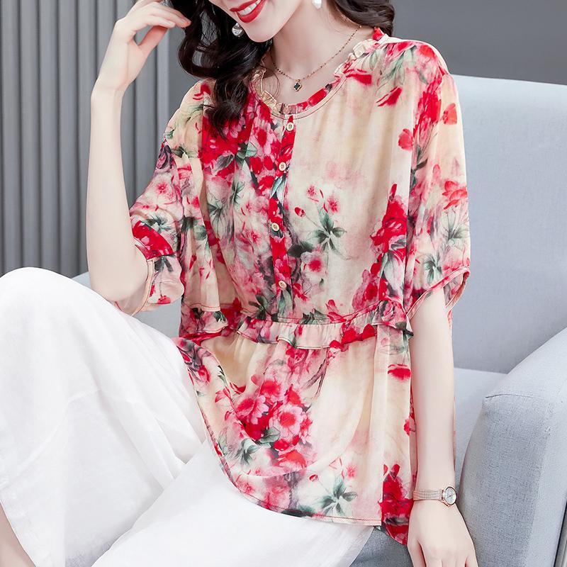 Encrypted Floral Chiffon Shirt for Women In Summer New T-shirt for Noble Ladies Loose Shirt Thin Short-sleeved Top