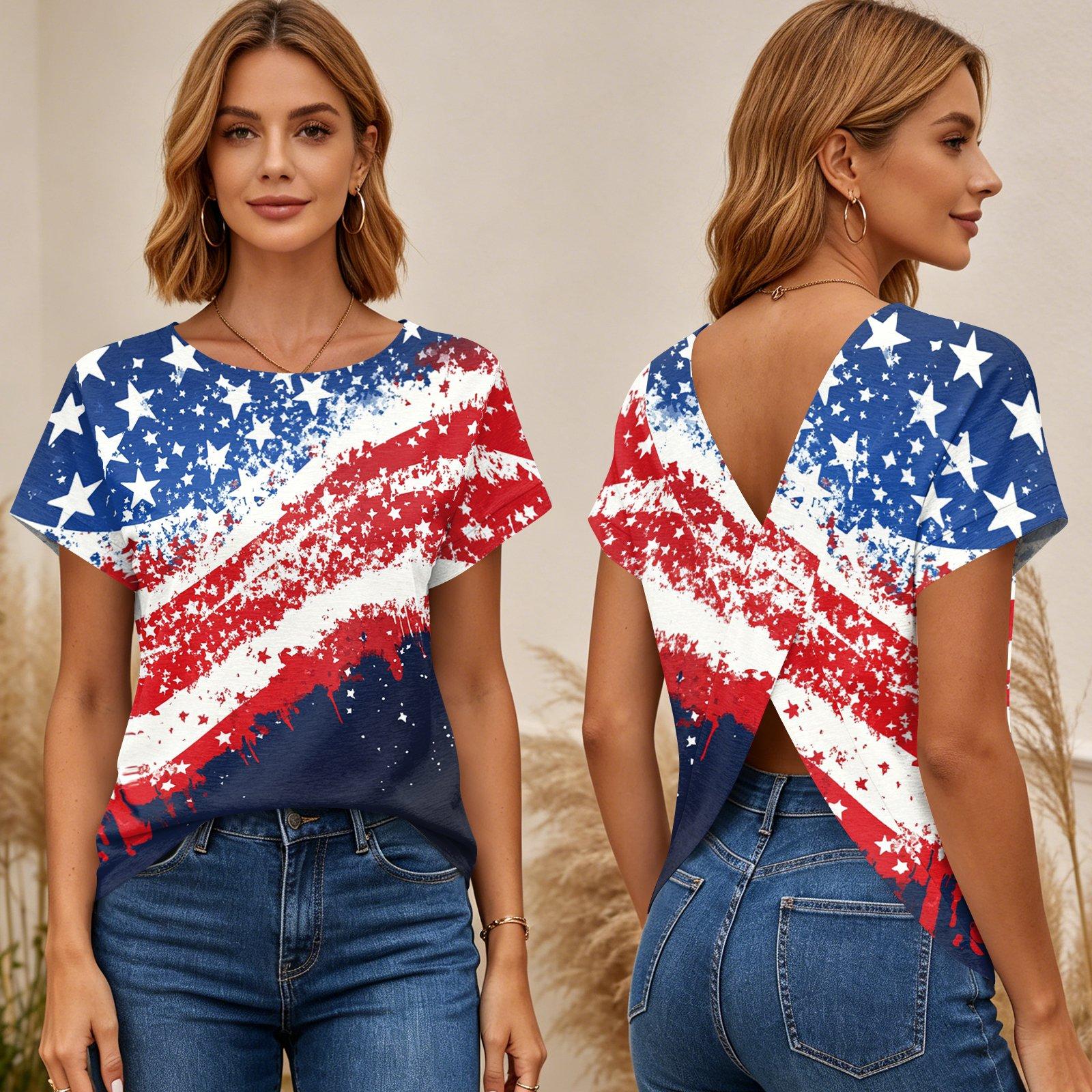 

Women s Short Sleeve Cross Back T Shirt Independence Day Print Tee Top Casual Lightweight Summer Blouse M синий