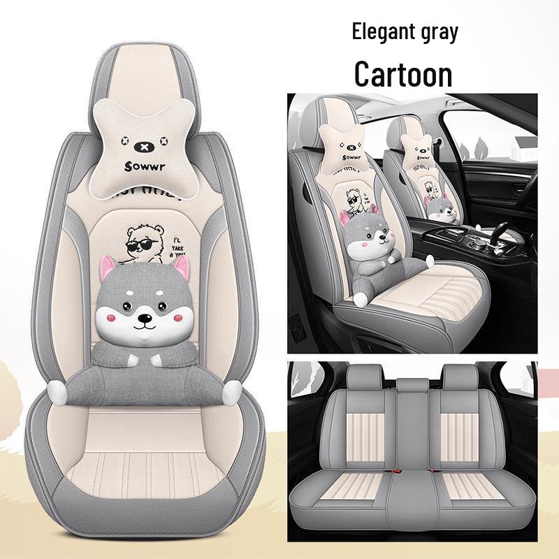 All-Season Linen Car Seat Cover - Breathable, Full Coverage with Cute Cartoon Design for Autumn/Winter