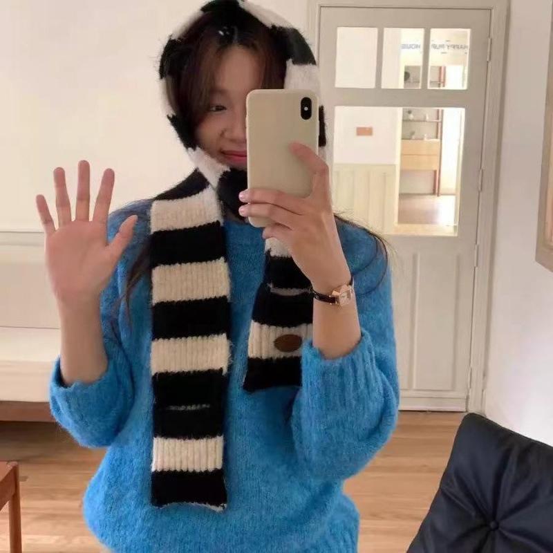 Winter Korean Style Scarf for Women Japanese Style Contrasting Stripes Versatile Simple Retro Wool Blended Knitted Warm Scarf for Men